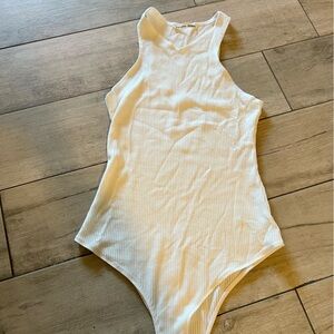 Reformation White Ribbed High Neck Bodysuit